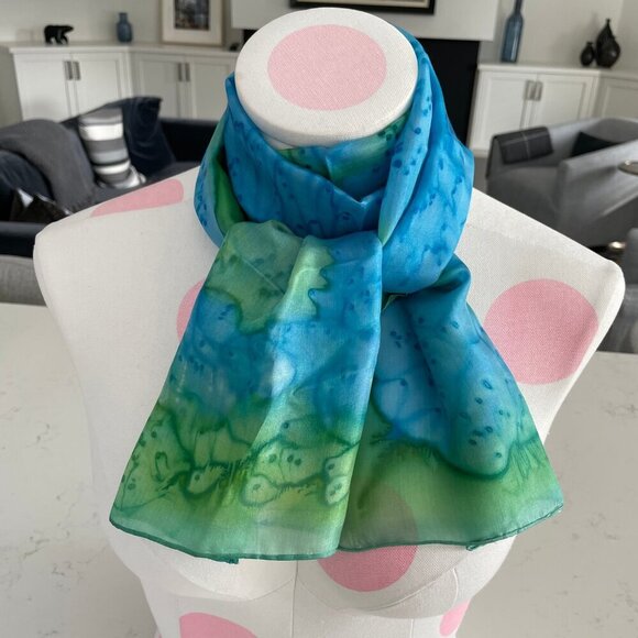 Luxurious Vintage Tie Dye 100% Silk Rectangle Scarf Vivid Blue Green Sz OS - Picture 2 of 8